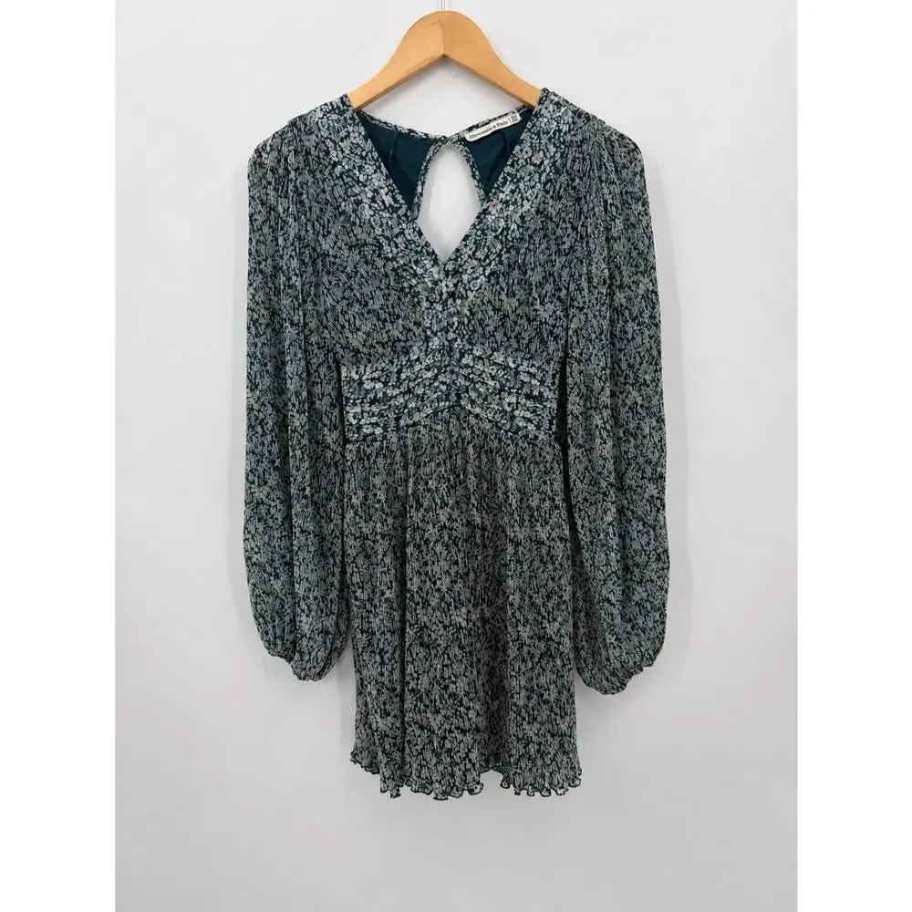 Abercrombie & Fitch Floral Open Back Pleated Mini Dress Teal Long Sleeve XXS